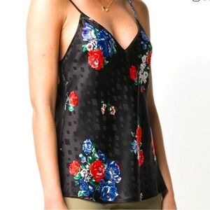 Tory Burch Black 100% Silk Floral V-Neck with Red & Blue Camisole 🌹